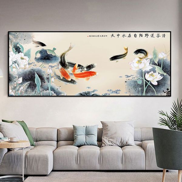 Tranh đơn vẽ hoa sen và cá chép Trung Quốc CV01552