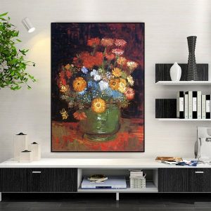 Tranh đơn vẽ sơn dầu bình hoa cúc sắc màu CV01556