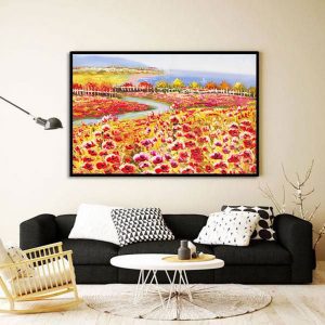 Tranh đơn vẽ sơn dầu cánh đồng hoa đỏ CV01561