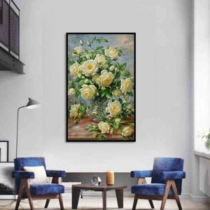 Tranh đơn hoa hồng trắng và lá xanh CV01563