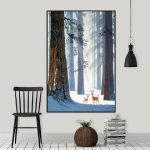 Tranh đơn cánh rừng tuyết trắng và đôi hươu CV01567