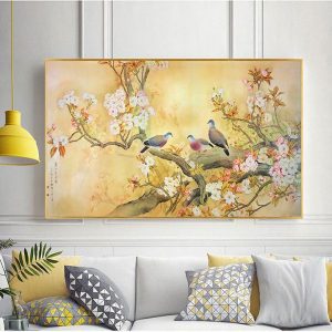 Tranh đơn vẽ cành hoa trắng và đàn chim nâu CV01571