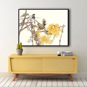 Tranh đơn cành hoa cúc vàng và chim xanh CV01592