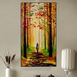 Tranh vẽ sơn dầu con đường lá vàng đỏ CV01597