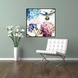 Tranh đơn vẽ hoa cẩm tú cầu và chim ruồi CV01694