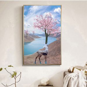 Tranh đơn hươu và cây hoa đào CV01728