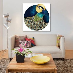 Tranh đơn vẽ công xanh và ánh trắng vàng CV01750