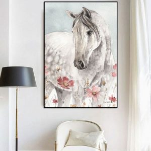 Tranh đơn vẽ ngựa trắng và hoa hồng CV01761