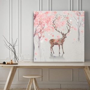 Tranh đơn hươu nâu và hoa đào CV01A036