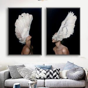 Bộ 2 tranh trừu tượng nghệ thuật cô gái và cánh chim trắng CV02126