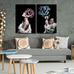 Bộ 2 tranh trừu tượng cô gái và hoa hồng CV02138