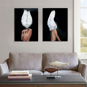 Bộ 2 tranh trừu tượng cô gái và cánh chim trắng CV02140