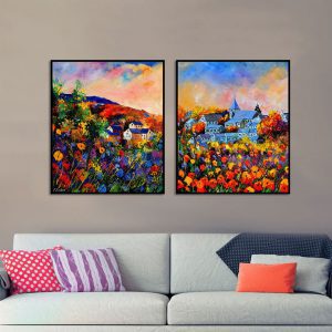 Bộ 2 tranh vẽ sơn dầu cánh đồng hoa sắc màu CV02469