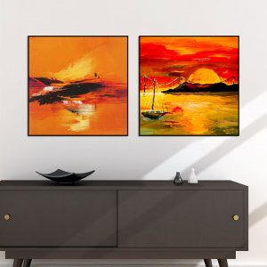 Bộ 2 tranh vẽ sơn dầu cảnh bình minh trên biển CV02498