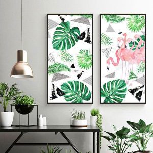 Bộ 2 tranh vẽ chim hồng hạc và lá CV0251