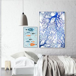 Bộ 2 tranh trừu tượng đàn cá xanh CV02525
