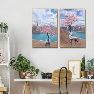 Bộ 2 tranh nghệ thuật hươu và hoa đào CV02566