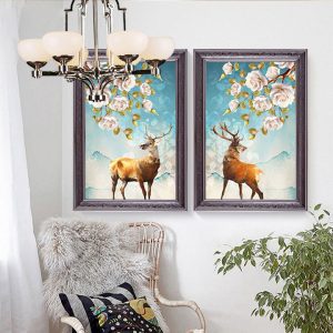 Bộ 2 tranh hươu và hoa nghệ thuật CV02577