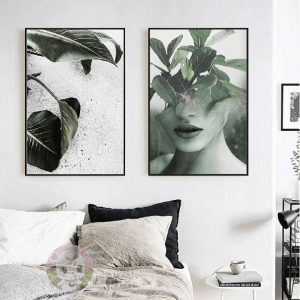 Bộ 2 tranh nghệ thuật cô gái và lá xanh CV02578