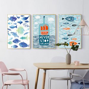 Bộ 3 tranh vẽ trừu tượng đàn cá xanh CV03653