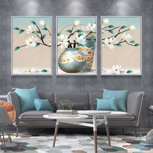 Bộ 3 tranh ghép bình hoa xanh trắng CV03126