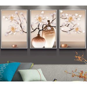 Bộ 3 tranh ghép bình hoa nâu trắng CV03127