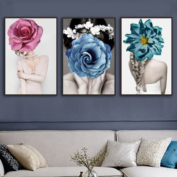 Bộ 3 tranh cô gái và hoa hồng xanh CV03154