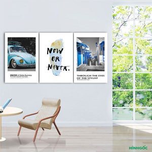 Bộ 3 tranh xe oto xanh và chữ nghệ thuật CV03207