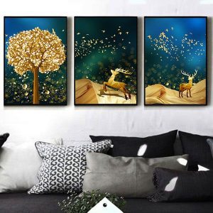 Bộ 3 tranh trừu tượng hươu và đàn chim vàng CV03228