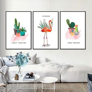 Bộ 3 tranh chậu cây xanh và chim hồng hạc CV03301