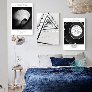 Bộ 3 tranh kiến trúc cầu thang xoắn đen trắng CV03318