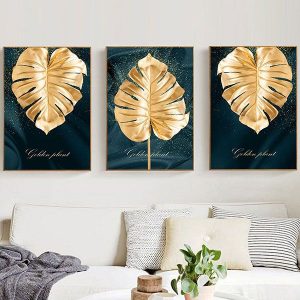 Bộ 3 tranh trừu tượng lá vàng CV03381