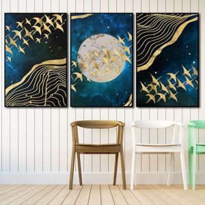 Bộ 3 tranh ghép đàn chim vàng và mặt trăng CV03401