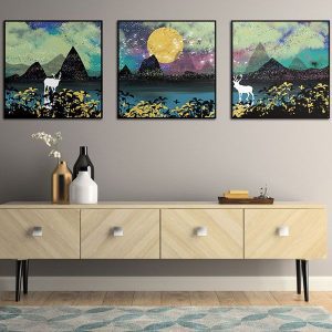 Bộ 3 tranh hươu trắng dưới ánh trăng vàng CV03411