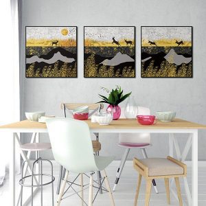 Bộ 3 tranh hươu và cánh đồng cỏ vàng CV03412