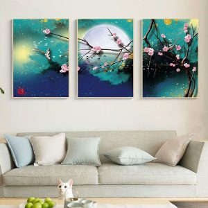 Bộ 3 tranh ghép cành hoa đào và mặt trăng CV03415