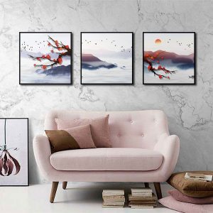 Bộ 3 tranh sông núi và cành hoa đỏ CV03418