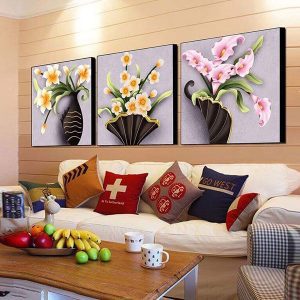 Bộ 3 tranh bình hoa tím vàng CV03443