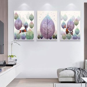 Bộ 3 tranh trừu tượng hươu nâu và lá tím CV03449
