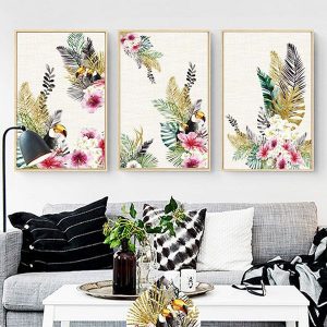 Bộ 3 tranh vẹt mỏ vàng và hoa CV03481