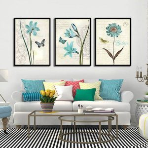 Bộ 3 tranh bướm và hoa xanh CV03514