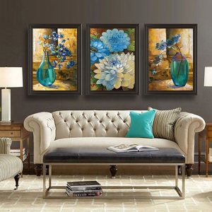 Bộ 3 tranh vẽ bình hoa xanh CV03518