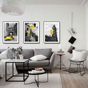 Bộ 3 tranh đồng hồ Big Ben đen trắng - vàng CV03531