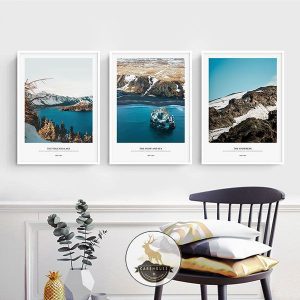 Bộ 3 tranh hồ nước xanh và núi phủ tuyết CV03555