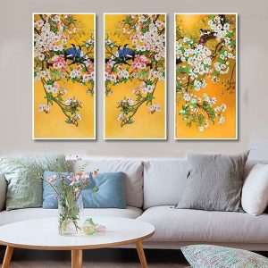 Bộ 3 tranh ghép cành hoa trắng và chim xanh CV03576