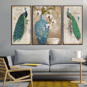 Bộ 3 tranh chim công xanh và bình hoa lan trắng CV03593