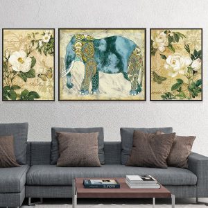 Bộ 3 tranh vẽ voi thổ cẩm và hoa CV0374