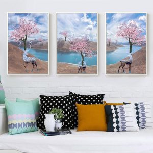 Bộ 3 tranh hươu và cây hoa đào CV03868