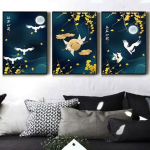 Bộ 2 tranh đàn hạc trắng và hoa vàng CV03891