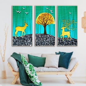 Bộ 3 tranh ghép trừu tượng hươu và cây vàng CV03943